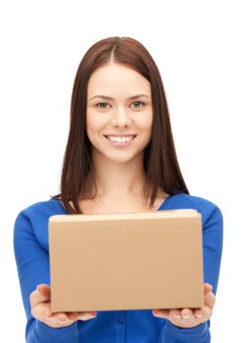 Attractive businesswoman with cardboard box clipart