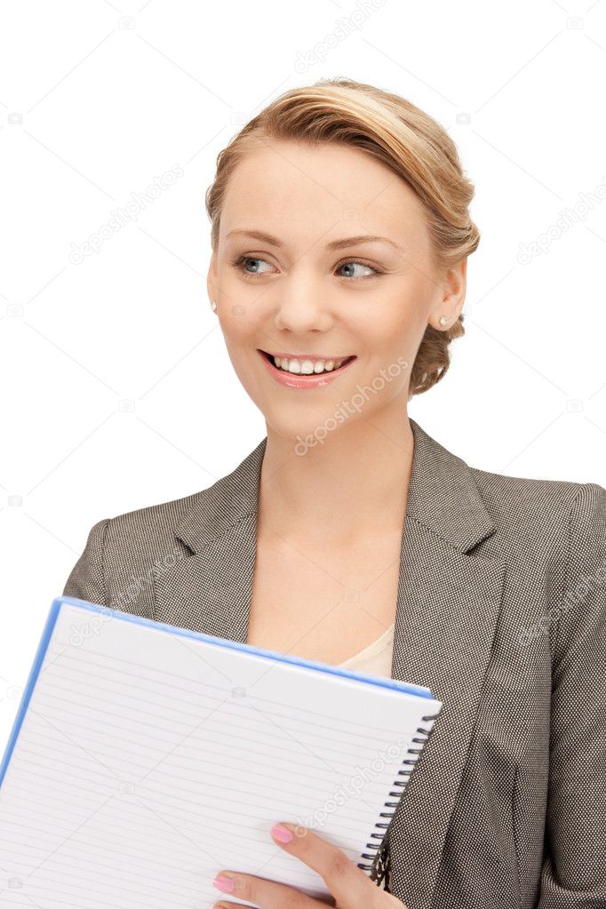 Happy woman with big notepad stock photo syda productions 6412965