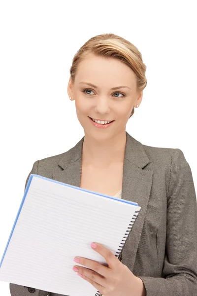 Happy woman with big notepad — Stock Photo, Image