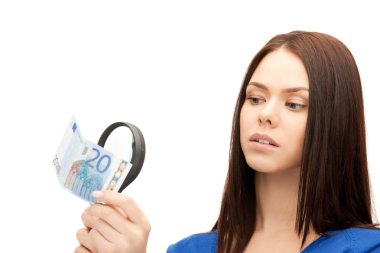 Woman with magnifying glass and euro cash money clipart