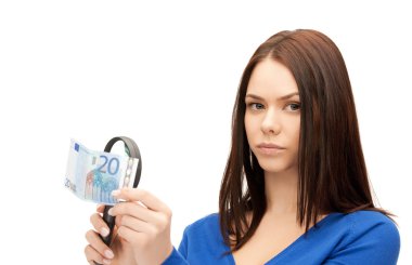 Woman with magnifying glass and euro cash money clipart