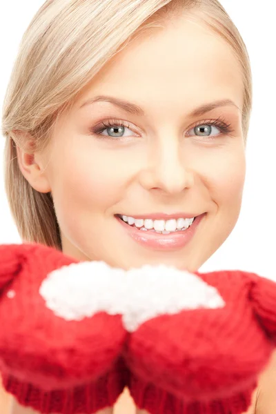 Woman in mittens with snow — Stock Photo, Image