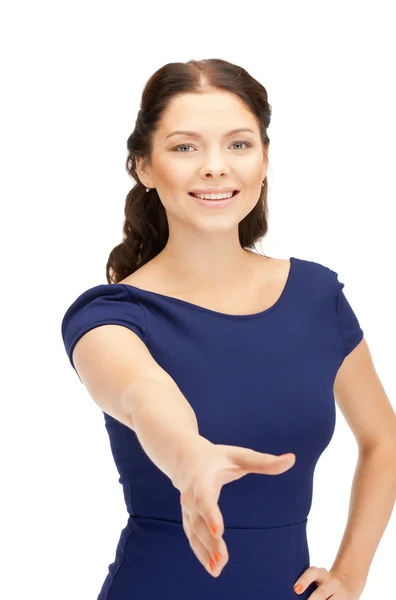 Kvinna med en öppen hand redo för handskakning — Stockfoto