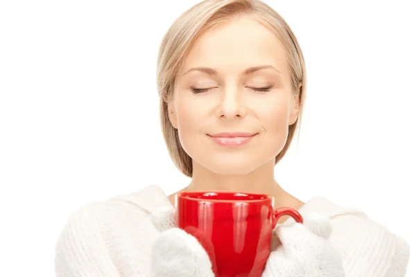 Woman with red mug — Stock Photo, Image