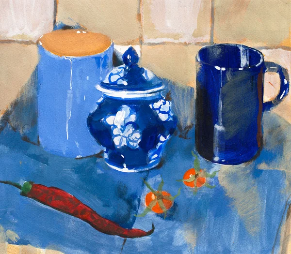Pintura. Bodegón con tazas azules y pimienta — Foto de Stock
