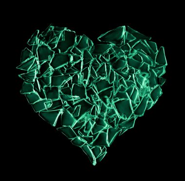 Broken green glass heart isolated on black background clipart