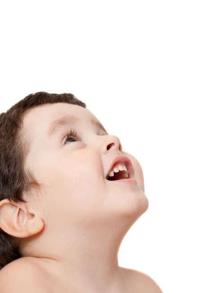 Smiley boy looking up, isolated — Stock Photo, Image