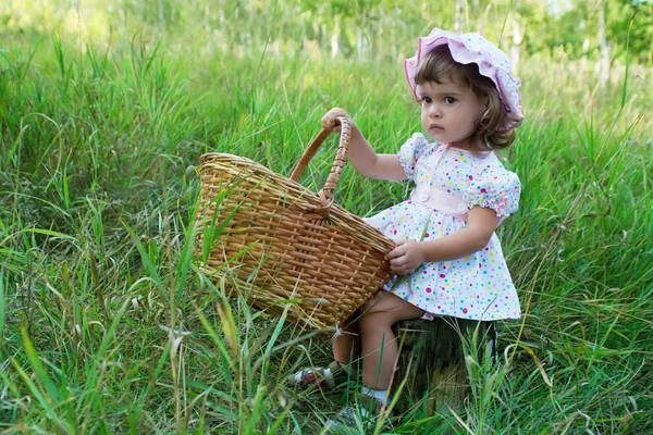 Little girl sitting on a stub and holding a basket — Stock Photo, Image