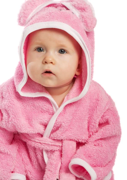 Bebê em roupão rosa — Fotografia de Stock