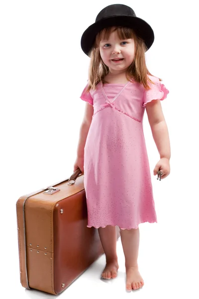Dívka s starý kufr — Stock fotografie