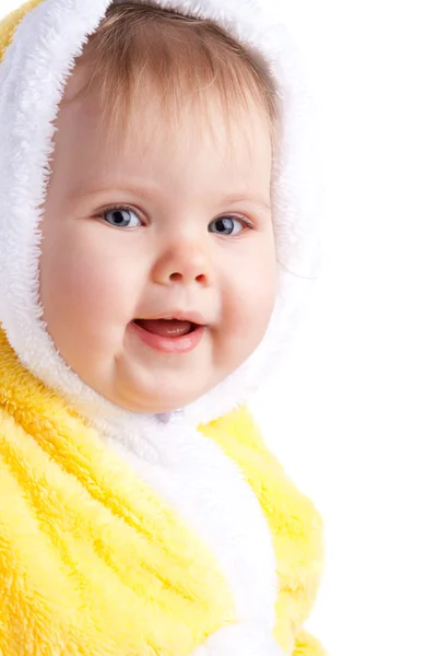 Bebê em capuz amarelo — Fotografia de Stock
