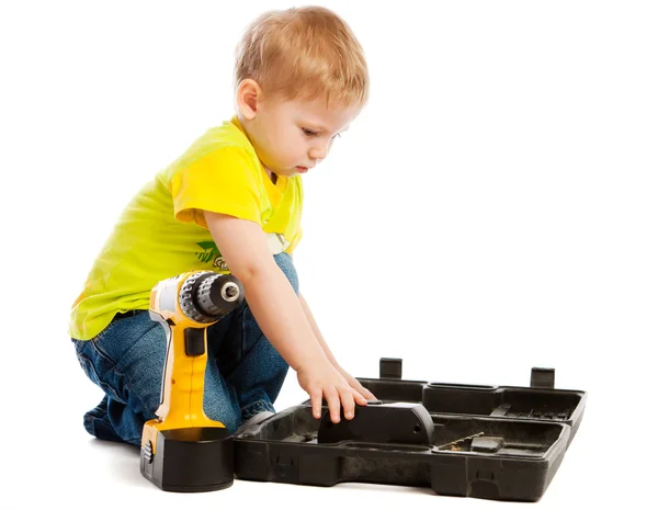 Boy, box and screwdriver — Stock Photo, Image