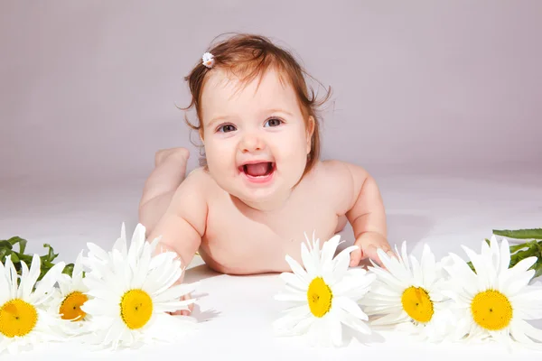 Baby with camomiles — Stock Photo, Image