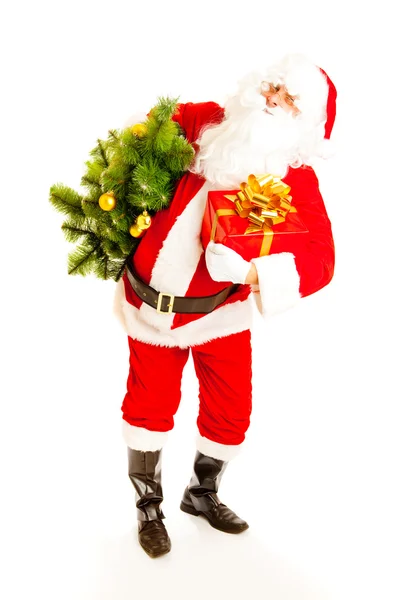 Santa with present and christmas tree — Stock Photo, Image