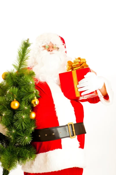 Papai Noel com presente e árvore de Natal — Fotografia de Stock