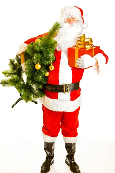 Santa με το παρόν και το χριστουγεννιάτικο δέντρο — Φωτογραφία Αρχείου