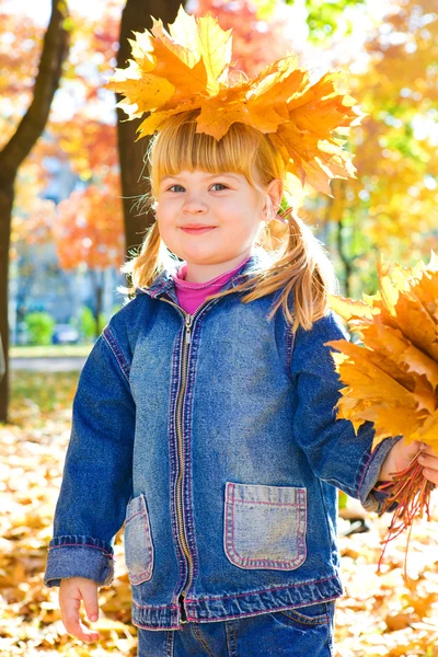 Девушка с золотыми листьями — стоковое фото