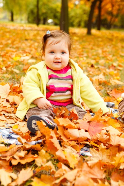 Toddler in golden leaves — Stock Photo, Image
