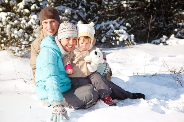 Семья играет на снегу — стоковое фото