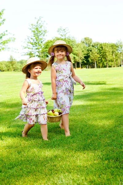 Kids carrying basket with fruit — Stock Photo, Image