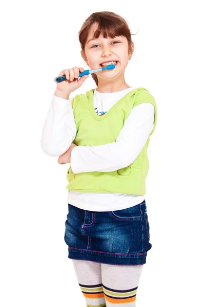 Cheerful girl cleaning teeth — Stock Photo, Image