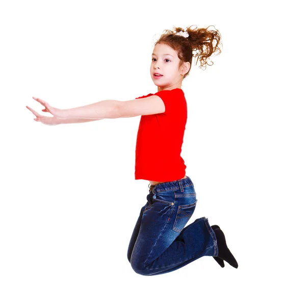 Student in red jumping — Stock Photo, Image