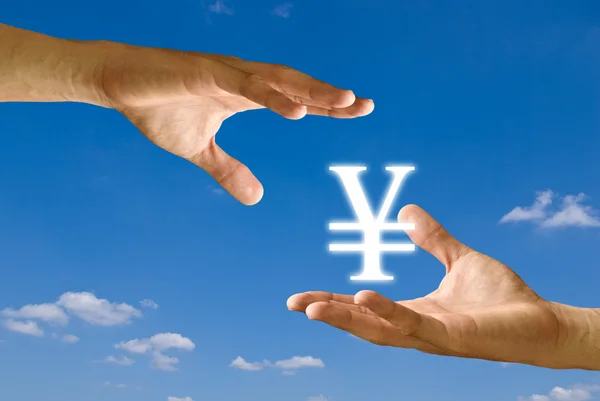 Grande main prendre icône Yen avec petite main, Concept — Photo