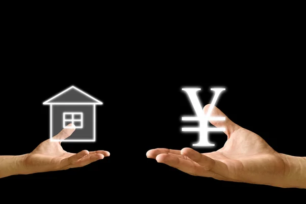 Piccola icona della casa di scambio della mano con l'icona di Yen dalla mano grande, concetto — Foto Stock