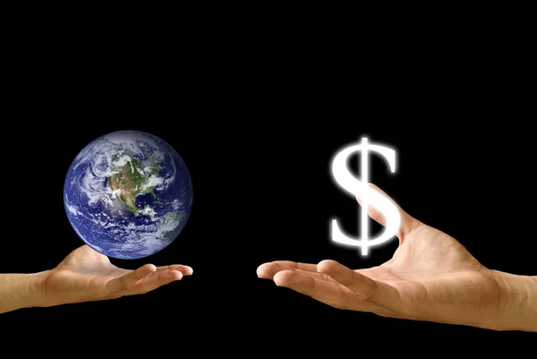 Small hand exchange the world with Dollar icon — Stock Photo, Image