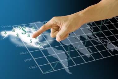 Finger push the America map with Dollar icon and graph clipart