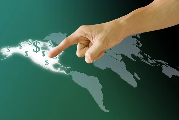Finger spingere la mappa America con l'icona Dollaro — Foto Stock