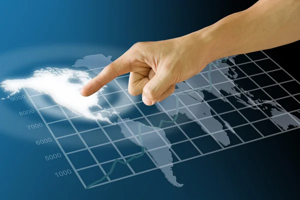 Finger push the America map with stock exchange's statistic graph — Stock Photo, Image