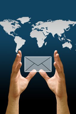 Hand carry the email icon with the world map background, Concept clipart