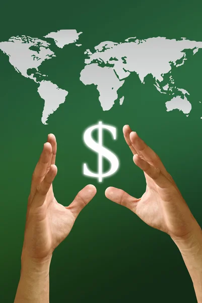 Hand halten Dollar-Symbol mit Weltkarte Hintergrund, Geld verdienen Konzept — Stockfoto