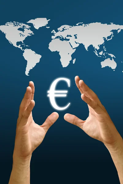Hand hold Euro icon with world map background — Stock Photo, Image