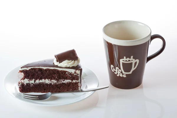 Chocolate cake, with coffee glass isolated on a white background — Stock Photo, Image