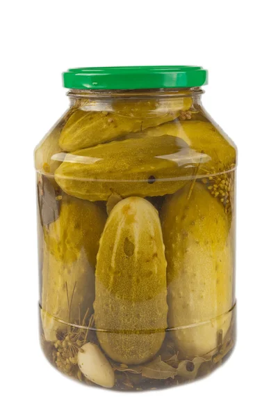 Jar with marinated cucumbers — Stock Photo, Image