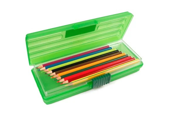 Pastelli a matita in una scatola di cancelleria — Foto Stock