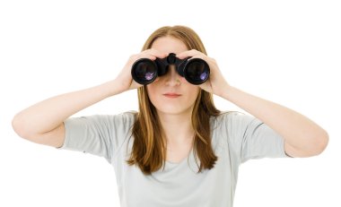 Woman looking into pair of glasses clipart