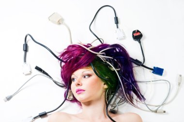 Woman lay on the floor with wires and plugs clipart