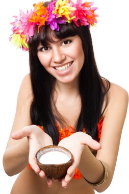 Woman in costume of flowers offer coconut milk clipart