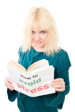 Stressed woman with tousle try to avoid stress clipart