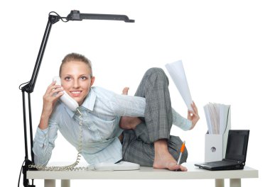 Flexible business woman talk by phone clipart
