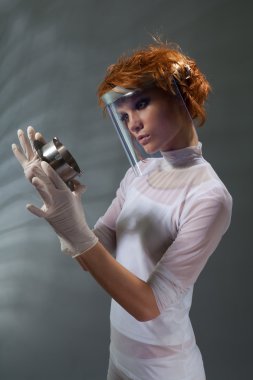 Scientist woman examine metal part concept clipart