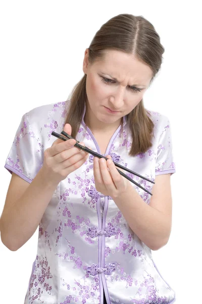 Woman with chopsticks for sushi — Stock Photo, Image