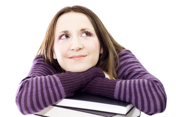 Woman preperaing for exam with toons of books — Stock Photo, Image