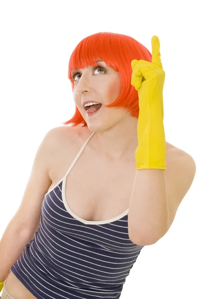 Woman in red wig and yellow gloves — Stock Photo, Image