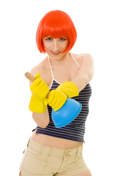 Woman wearing red wig with blue plunger — Stock Photo, Image