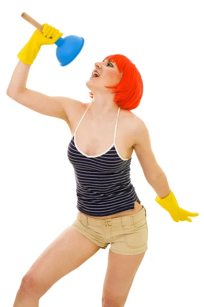 Woman singing while cleaning — Stock Photo, Image