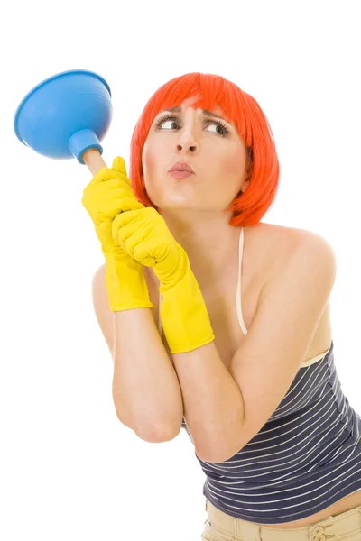 stock image Lovely young woman with cleaning toold